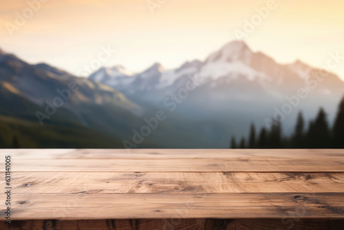 Empty Rustic Wooden Table On The Background Of Defocused Mountains In Pastel Colors. Mockup With Space For Your Product. Generative AI