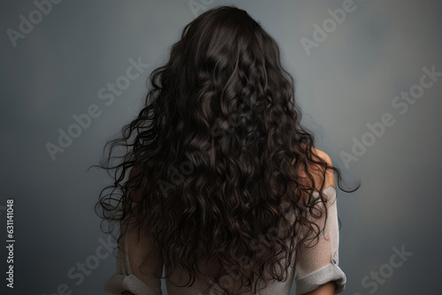 Long Black Curly Hair Rear View On A Gray Background. Generative AI