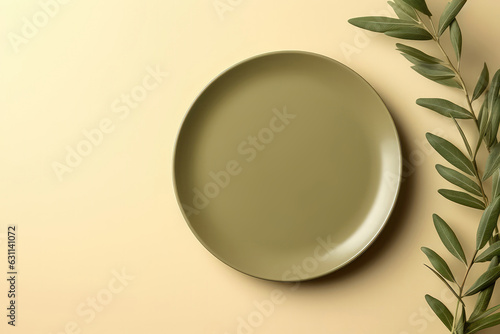 Olive Green Monochrome Plate On Sepia Background, Top View. Generative AI