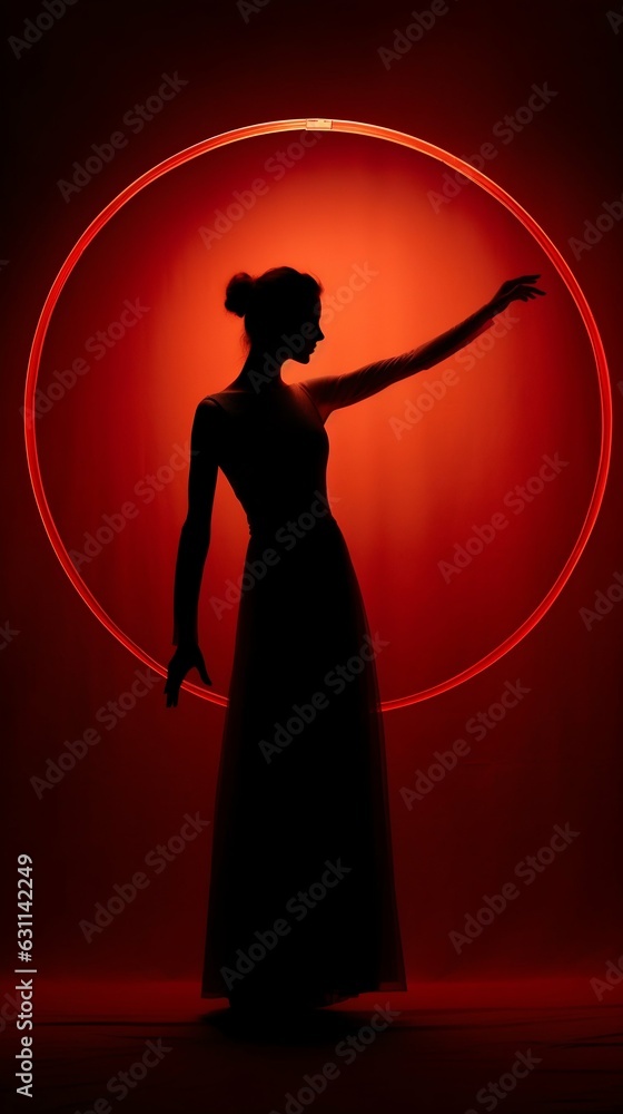Dancing Beautiful Woman Silhouette in the Dark with Red Rim Circle Light on Background. Generative ai