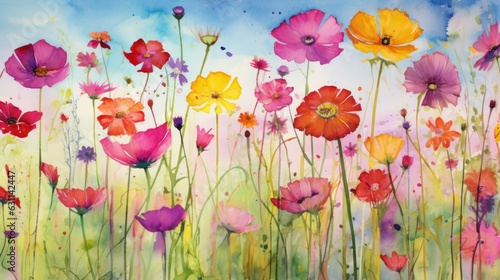 Wildflowers field  floral with vivid colorful flowers  watercolor horizontal. Botanical AI illustration. Landscape  background. Paint design for natural wallpaper.