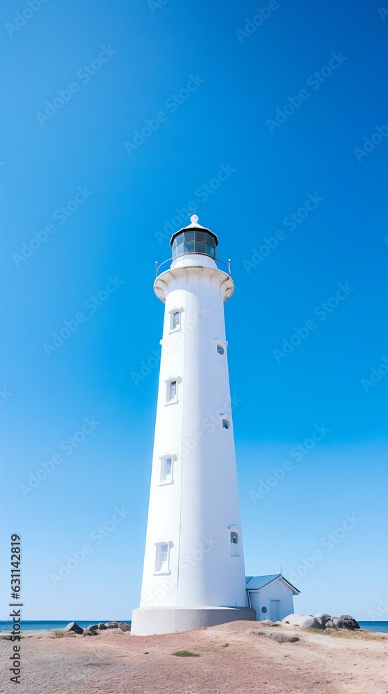 Radiant White Lighthouse on Clear Blue Sea and Sky Background. Generative ai