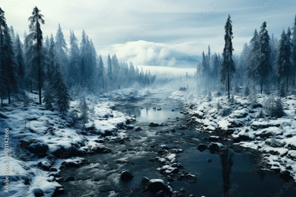 Freezing river in a snowy winter forest, snow and ice in nature, beautiful winter landscape