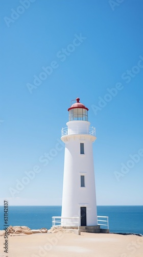 Radiant White Lighthouse on Clear Blue Sea and Sky Background. Generative ai © Scrudje