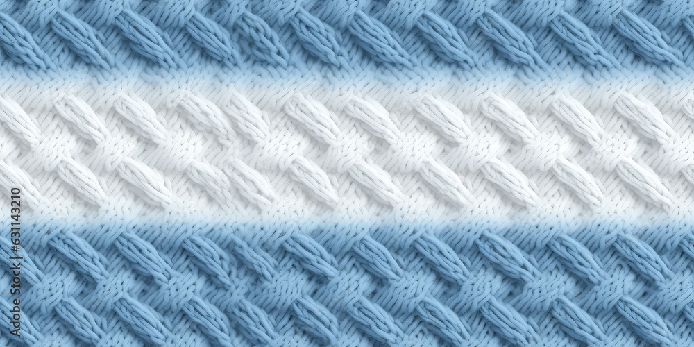 Handmade seamless pattern of light pastel blue white yarn threads, loops of yarn in thread tile ornament, repeat multicolored knitting close-up tile texture. 3d render realistic illustration style.