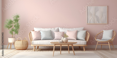 A living room with a pink wall and a  Stylish woodan sofa with plants pot Stylish Plant-Inspired Living Room with Wooden Sofa Chic Pink-themed Living Space with Wood Accents   © Faiza