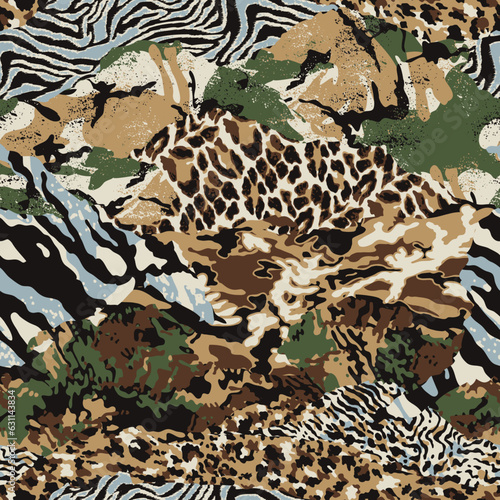 Camouflage fabric wild animal skins patchwork wallpaper abstract vector seamless pattern