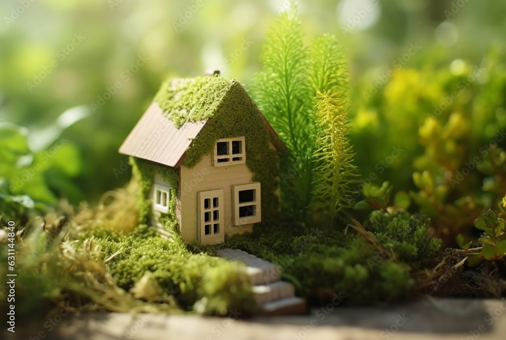 Eco Friendly House In Moss In The Garden. Miniature wooden house in spring grass. House in sunny grass. generative ai Eco Friendly House In Moss In The Garden. Miniature wooden house in spring grass. House in sunny grass. generative ai