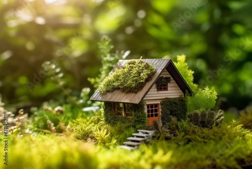 Eco Friendly House In Moss In The Garden. Miniature wooden house in spring grass. House in sunny grass. generative ai