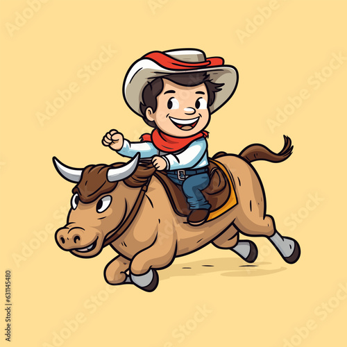Cowboy riding a bull. Rodeo. Cowboy riding a bull hand-drawn comic illustration. Vector doodle style cartoon illustration