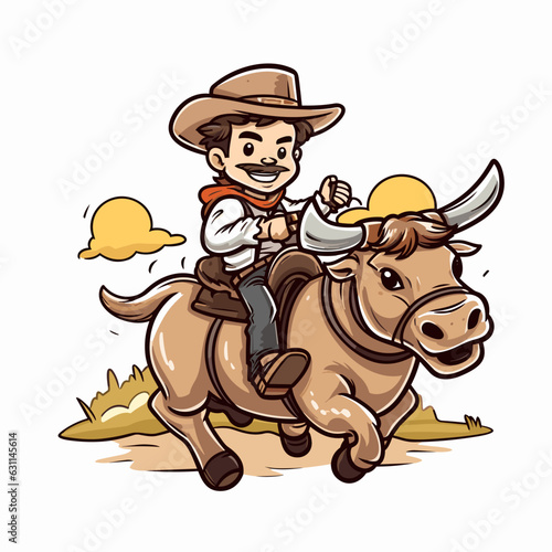 Cowboy riding a bull. Rodeo. Cowboy riding a bull hand-drawn comic illustration. Vector doodle style cartoon illustration