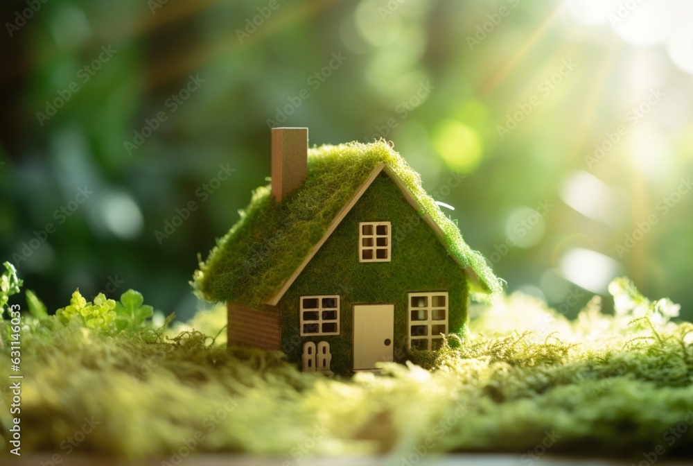 Eco Friendly House In Moss In The Garden. Miniature wooden house in spring grass. House in sunny grass. generative ai Eco Friendly House In Moss In The Garden. Miniature wooden house in spring grass. House in sunny grass. generative ai