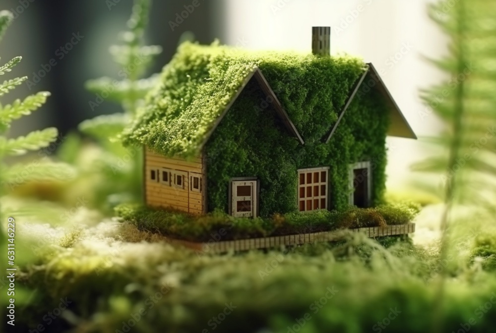 Eco Friendly House In Moss In The Garden. Miniature wooden house in spring grass. House in sunny grass. generative ai Eco Friendly House In Moss In The Garden. Miniature wooden house in spring grass. House in sunny grass. generative ai