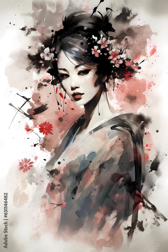 Portrait of a Japanese girl in watercolor painting Stock Illustration ...