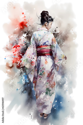 Portrait of a Japanese girl in watercolor painting