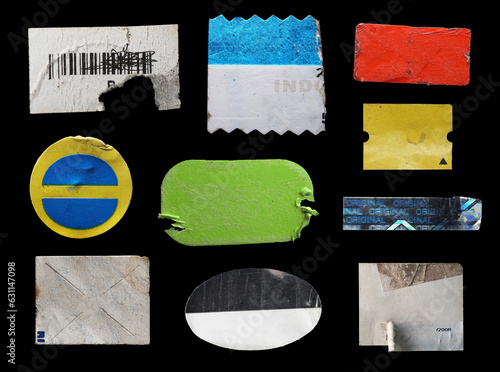 collection of blank old sticker, label, price tag template for mockup. isolated dirty, ripped, half peeled stickers

