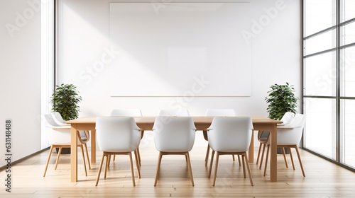 Front view of empty modern conference room with office table and chairs, Generative AI