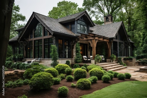 Rustic wooden house design with green garden, rustic wooden mansion design with green garden, rustic wooden house exterior with green garden, English country house © yuanfeng Z