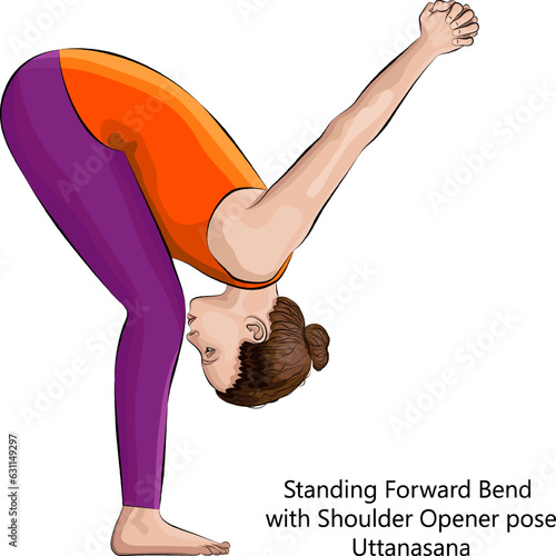 Young woman practicing yoga exercise, doing Standing Forward Bend with Shoulder Opener pose. Uttanasana. Standing and Forward Bend. Intermediate. Isolated vector illustration. photo