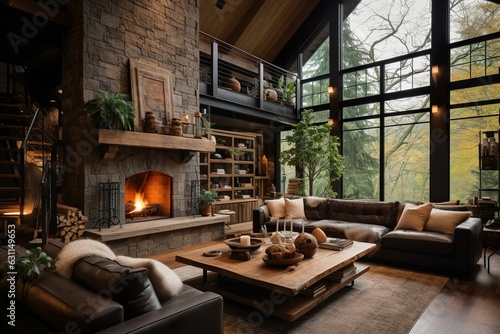 Rustic wooden house interior living room design, rustic wooden mansion living room design, modern wooden house living room, modern country house © yuanfeng Z