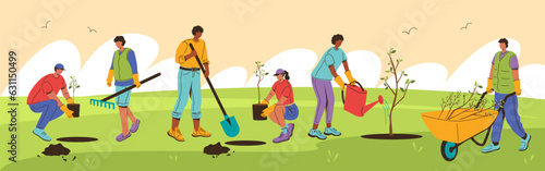 A group of people volunteers are planting young trees. Caring for the environment. Collaboration. Vector stock illustration.