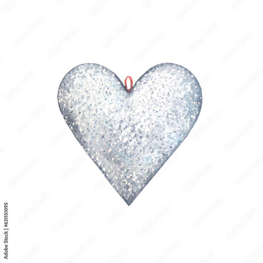 Silver watercolor heart, vintage heart isolated on white background
