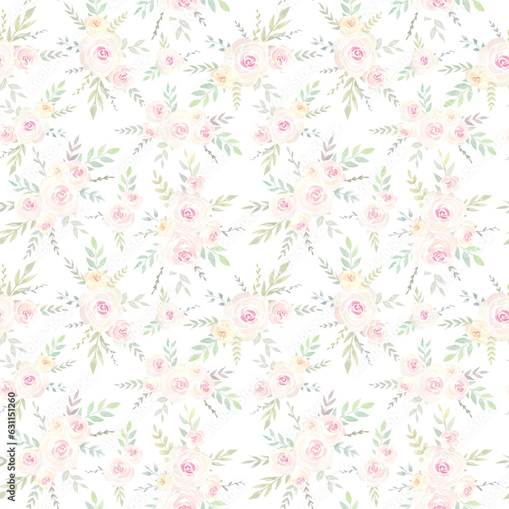 Floral seamless pattern with soft abstract roses and leaves on white background Floral seamless pattern with soft abstract roses and leaves on white background