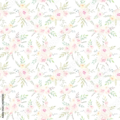 Floral seamless pattern with soft abstract roses and leaves on white background