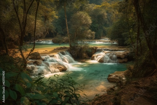 Tat Sae's waterfalls. Lonng Prabang, Laos, has lovely landscapes. Panorama. Generative AI
