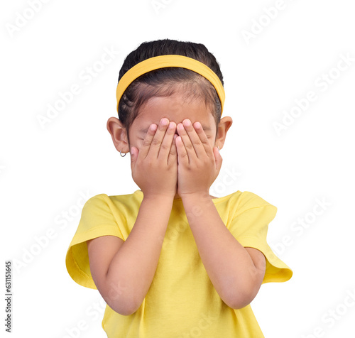 Cover eyes, hands and face of child isolated on transparent png background for sad mistake, shy expression or anxiety. Emotion, reaction and girl kid playing hide and seek, surprise or peekaboo emoji