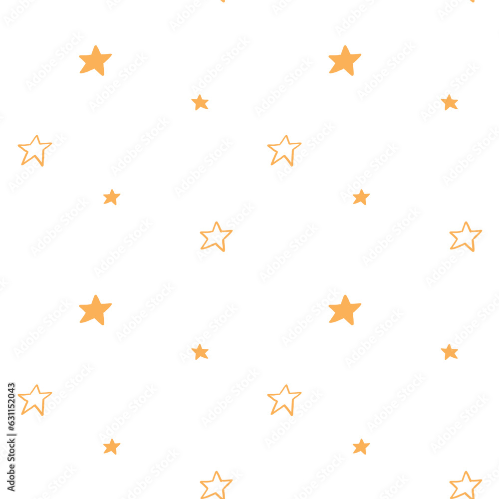 Hand drawn seamless pattern with soft yellow cute childish elements. Doodle kiddish empty and filled stars icons