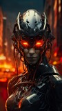 dark futuristic female cyborg with robotic wear goggles and tech look, cyberpunk concept, generative AI