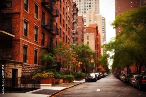 Stunning picture of a street between some buildings and trees. Generative AI
