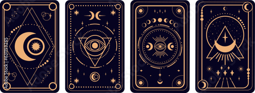 Tarot cards set on black background. Crescent, stars and magical eyes symbols. Tarot symbolism. Mystery, astrology, esoteric. Vector illustration