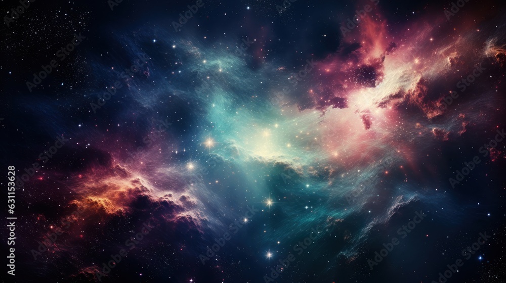 View with a telescope into space, interstellar, galaxies, nebulae, stars, generative AI