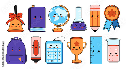 Collection of cute school stationery in kawaii style. Set of hand drawn accessories for study, student equipment. Back to school concept. 