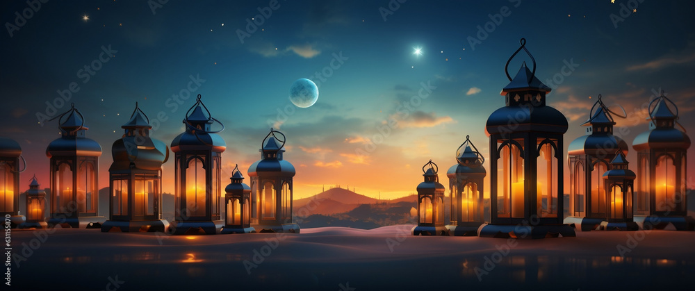 Fototapeta premium Illuminating Ramadan, Vibrant Arabic Lantern for Festive Celebrations - A Captivating Background Illustration