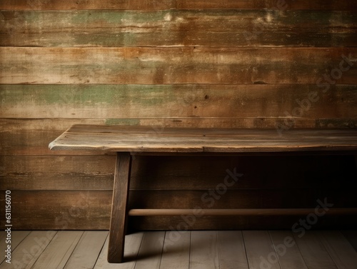 An empty wooden table in a rustic farmhouse