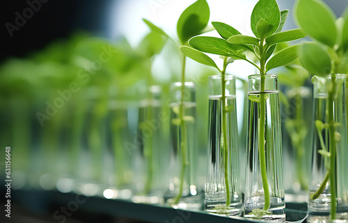 Green plants in test tubes in a laboratory.