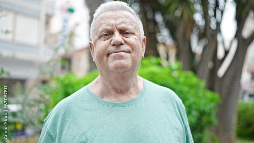 Middle age grey-haired man smiling confident breathing at park Middle age grey-haired man smiling confident breathing at park