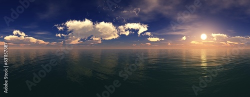 Panorama of sea sunset, ocean sunrise, seascape, 3d rendering 