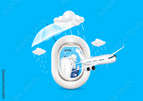 Travel rainy season. Monsoon rain clouds with water droplets falling. Airplane is taking off. Ticket, passports and luggage bag, hat in airplane window with umbrella back. Media tourism ads. 3D Vector