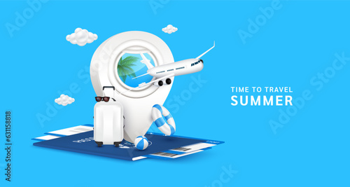 Airplane window inside location pin white on passport air ticket with luggage bag and rubber ring volleyball. Front there is airplane taking off. For media tourism ads design. Holiday travel summer.