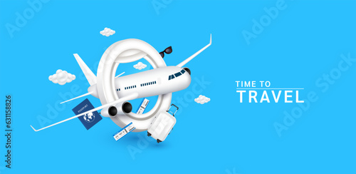 airplane fly through plane window with passport air ticket and suitcase luggage bag white, cloud glasses. For media about tourism advertising design. Isolated on blue background. Holiday travel vector