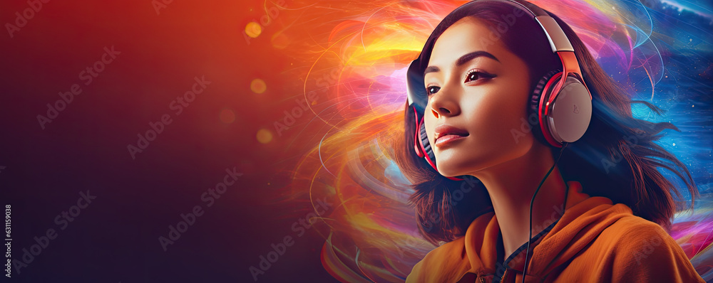 An asian woman in headphones listening to the music poster - Fictional Person, Generative AI - obrazy, fototapety, plakaty 