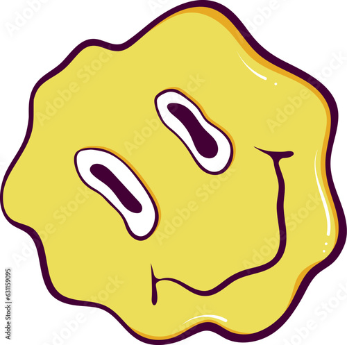 Melting distorted smile. Psychedelic funny surreal yellow smiley face. Hippie retro groovy smiling face. Vector hand drawn cartoon character illustration isolated on white. Graffiti style