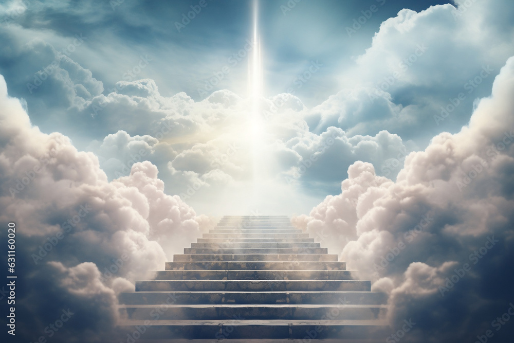 Ascending to Eternity, Serene stone stairs in the cloudy skies lead to heavenly radiance