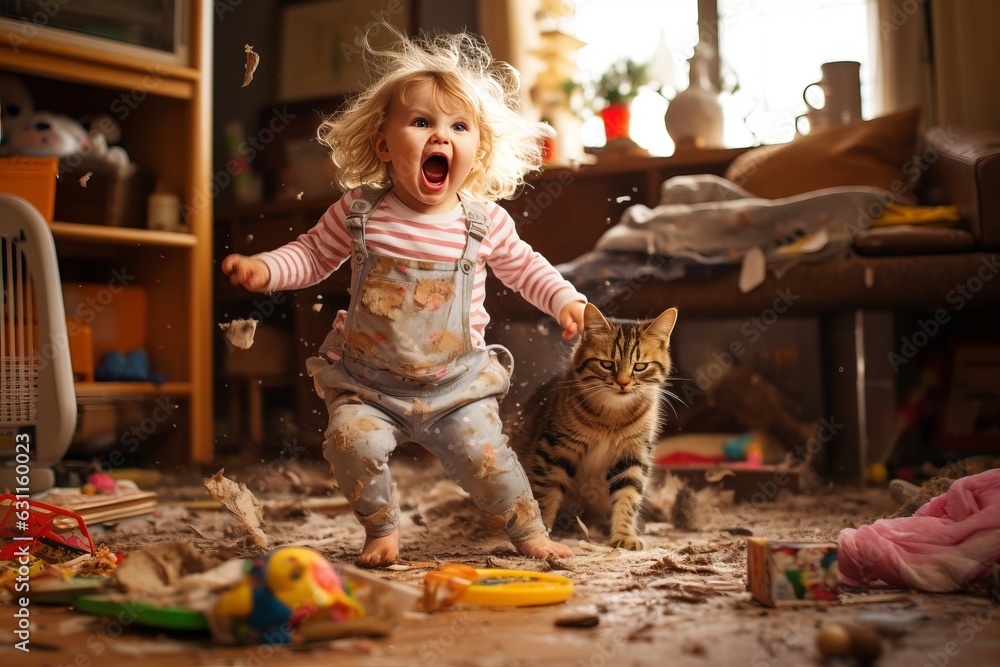 a playful hyperactive cute blond toddler child and a cat misbehaving and making a huge mess in a living-room, throwing around things and shredding paper. Studio light. Generative AI technology