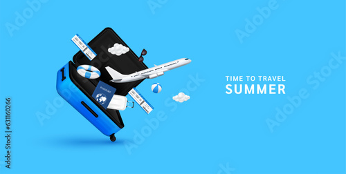 Air ticket, passport float away from luggage bag blue with airplane is taking off and cloud, rubber ring volleyball. For media tourism ads design. Holiday travel summer. 3D Vector EPS10.