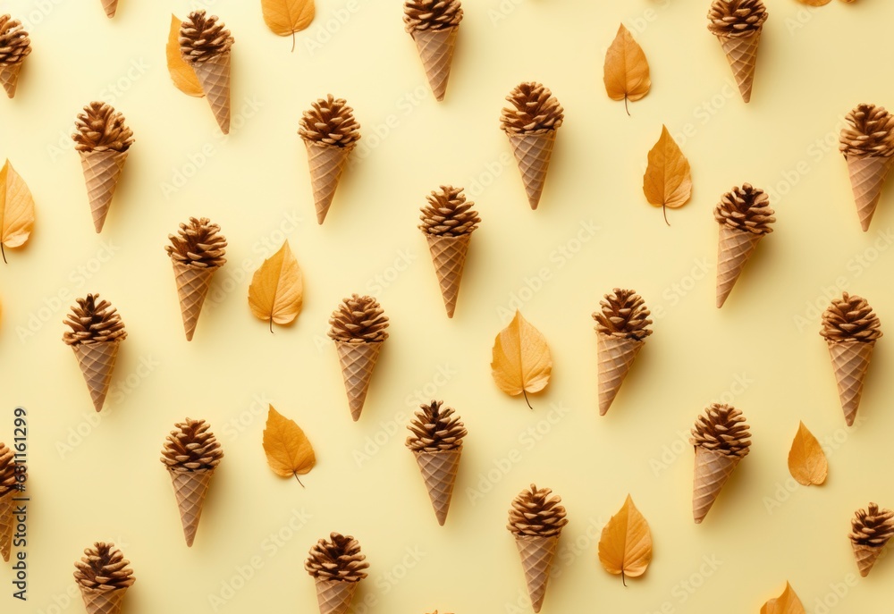 Autumn leaves and pine cones pattern flat lay. Pastel yellow seasonal background. AI generated image Autumn leaves and pine cones pattern flat lay. Pastel yellow seasonal background. AI generated image